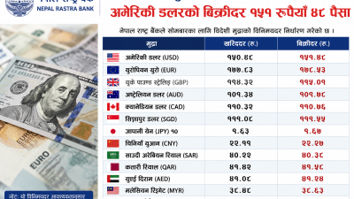विदेशी मुद्राको विनिमयदर सार्वजनिक, अमेरिकी डलरको बिक्रीदर १५१ रुपैयाँ ४८&hellip;