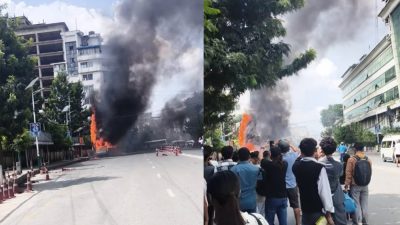 भक्तपुरबाट थानकोट जाँदै गरेको बसमा त्रिपुरेश्वरमा आगलागी
